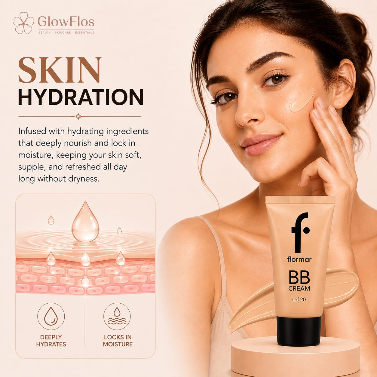 Flormar 5-in-1 BB Cream tube in Light Medium shade, displaying SPF 20, front and back packaging details.