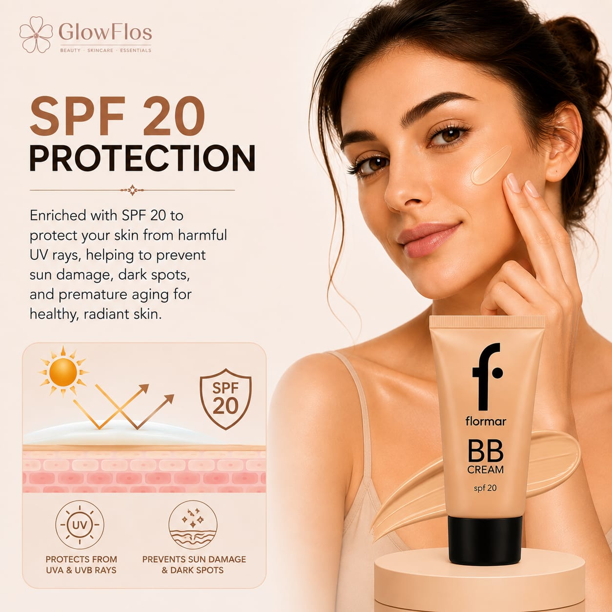 Flormar 5-in-1 BB Cream tube in Light Medium shade, displaying SPF 20, front and back packaging details.