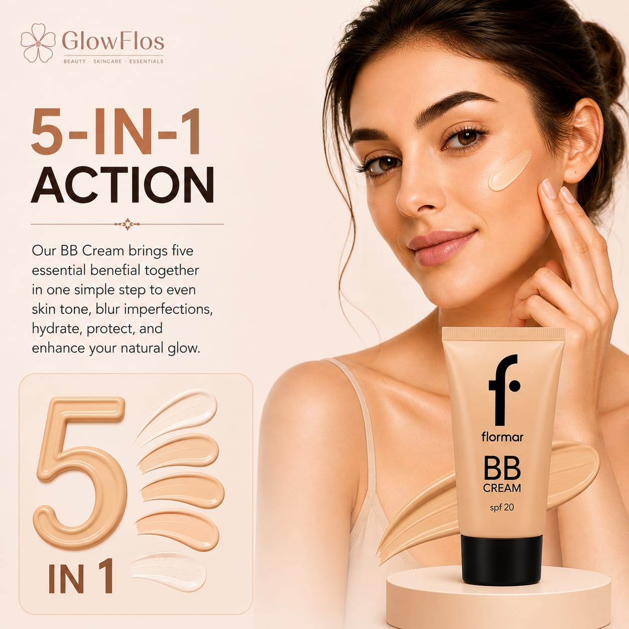 Flormar 5-in-1 BB Cream tube in Light Medium shade, displaying SPF 20, front and back packaging details.