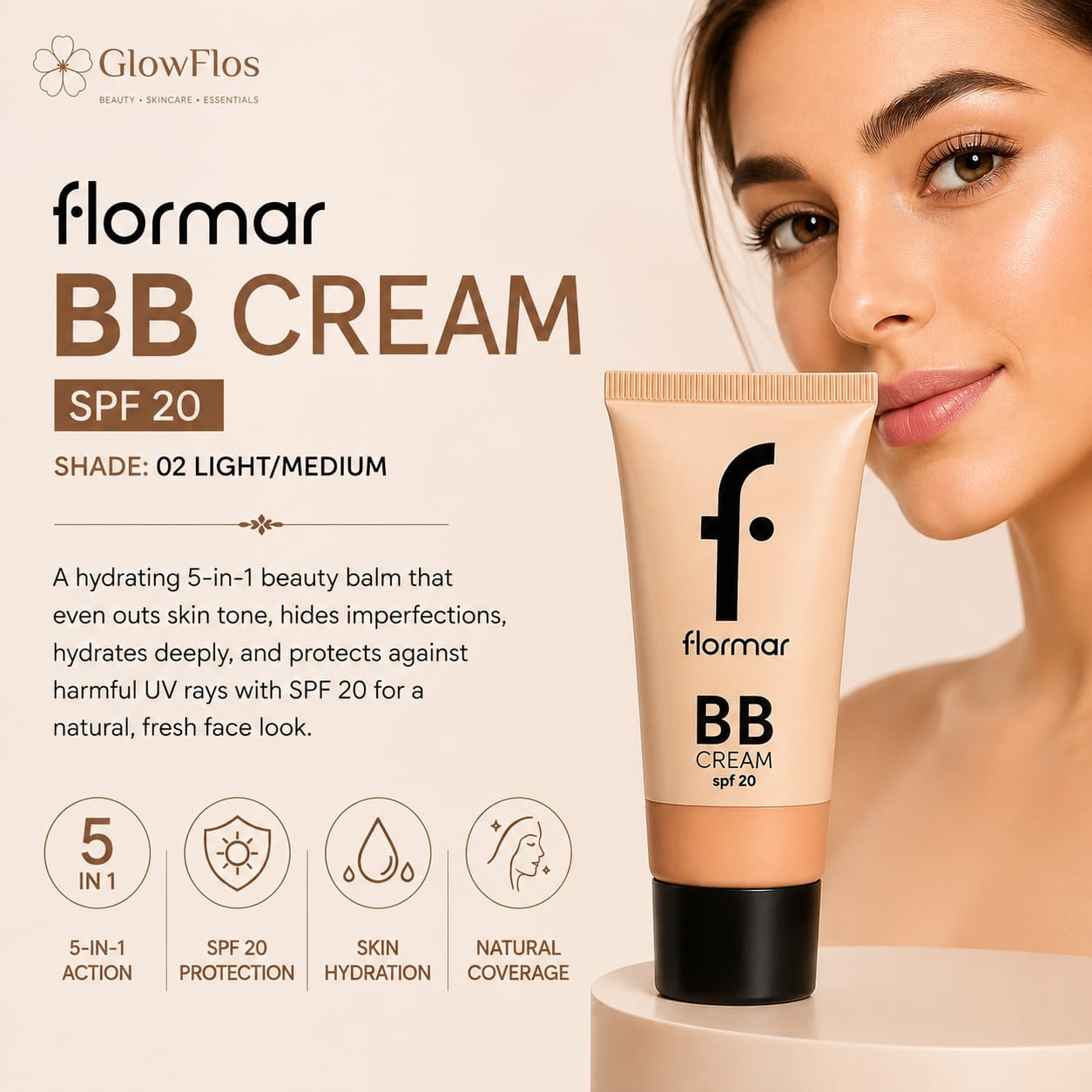 Flormar 5-in-1 BB Cream tube in Light Medium shade, displaying SPF 20, front and back packaging details.