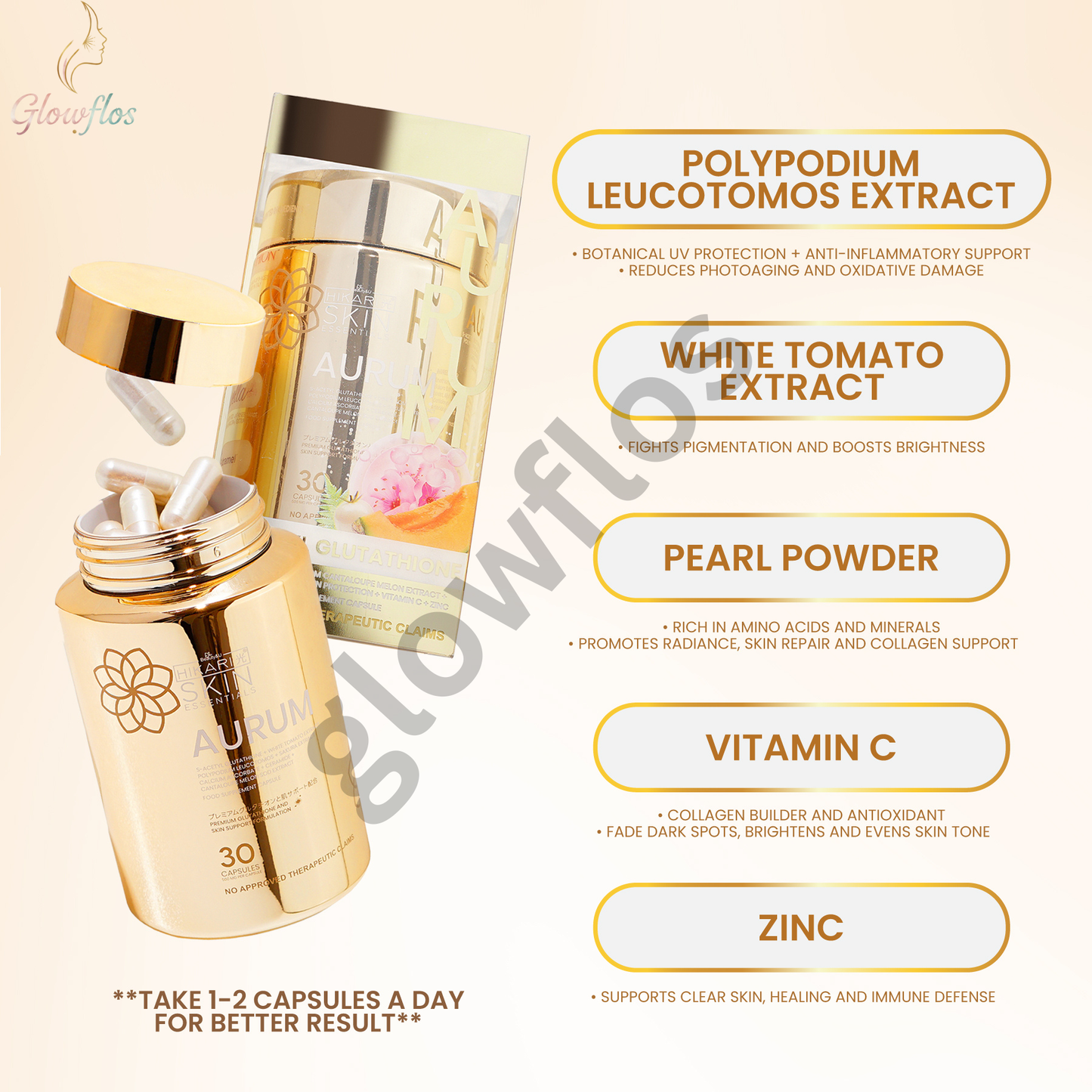 “Premium Hikari Aurum Glutathione supplement for glowing and radiant skin”