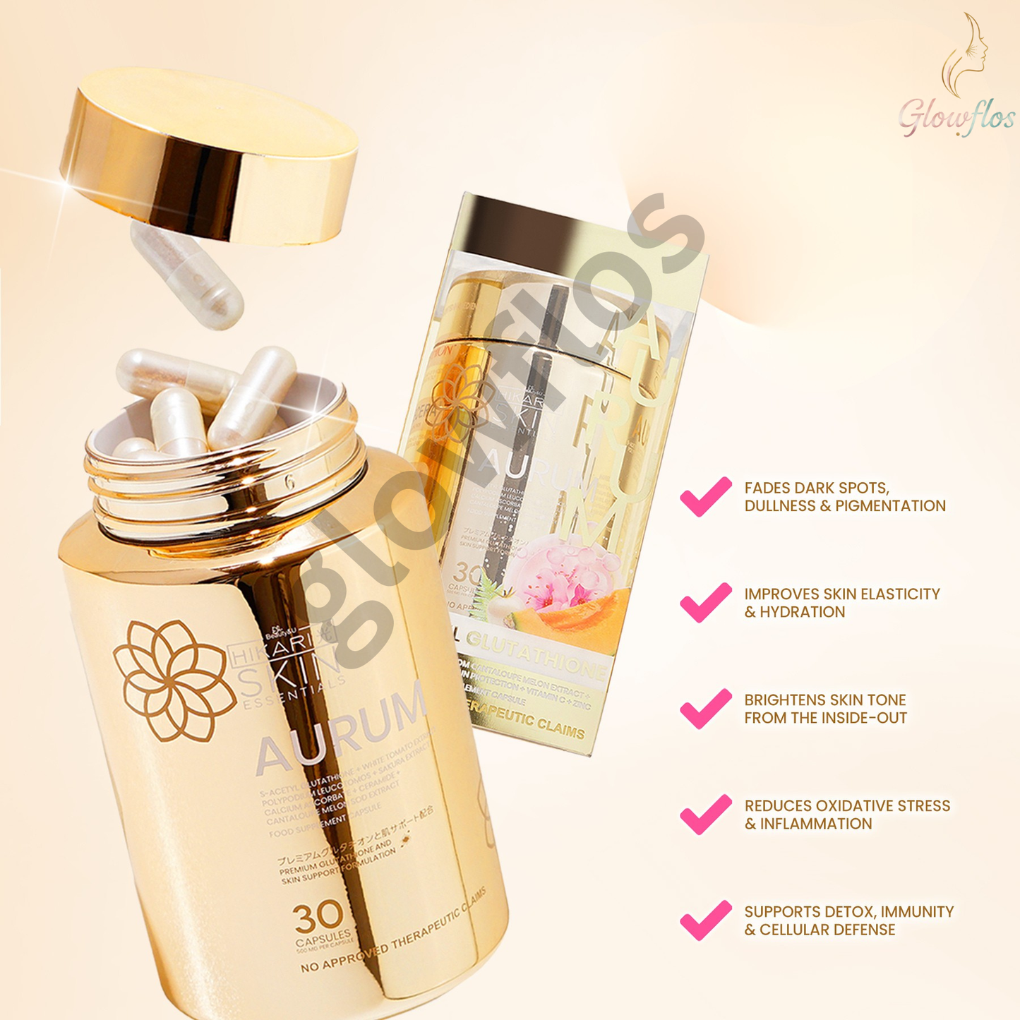 “Hikari Aurum Glutathione beauty supplement for skin radiance and clarity”