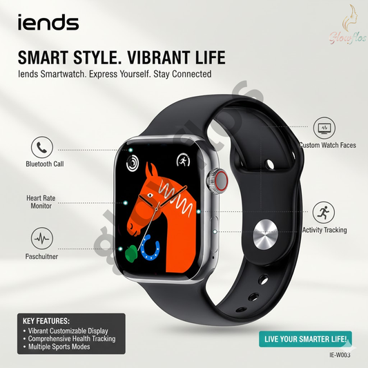 “IENDS IE-W003 Bluetooth Smartwatch with fitness tracking, notifications, heart rate monitor, and HD display.”