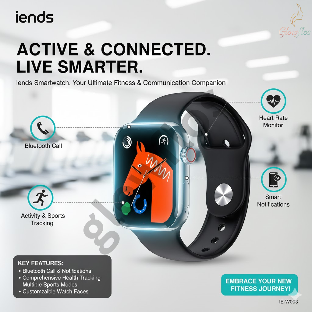 “IENDS IE-W003 Bluetooth Smartwatch with fitness tracking, notifications, heart rate monitor, and HD display.”