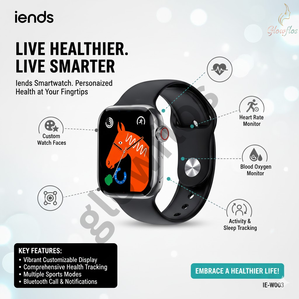 “IENDS IE-W003 Bluetooth Smartwatch with fitness tracking, notifications, heart rate monitor, and HD display.”