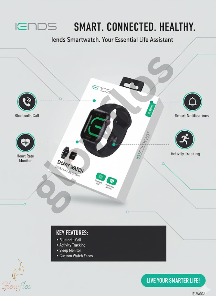 “IENDS IE-W003 Bluetooth Smartwatch with fitness tracking, notifications, heart rate monitor, and HD display.”