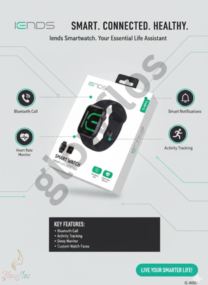 “IENDS IE-W003 Bluetooth Smartwatch with fitness tracking, notifications, heart rate monitor, and HD display.”