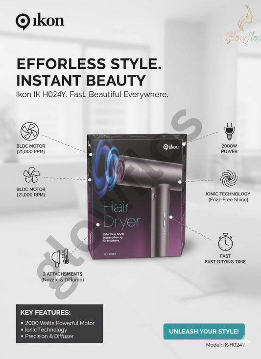 “Ikon IK-H024Y 2000W professional hair dryer with powerful airflow, heat settings, and sleek design for fast drying.”