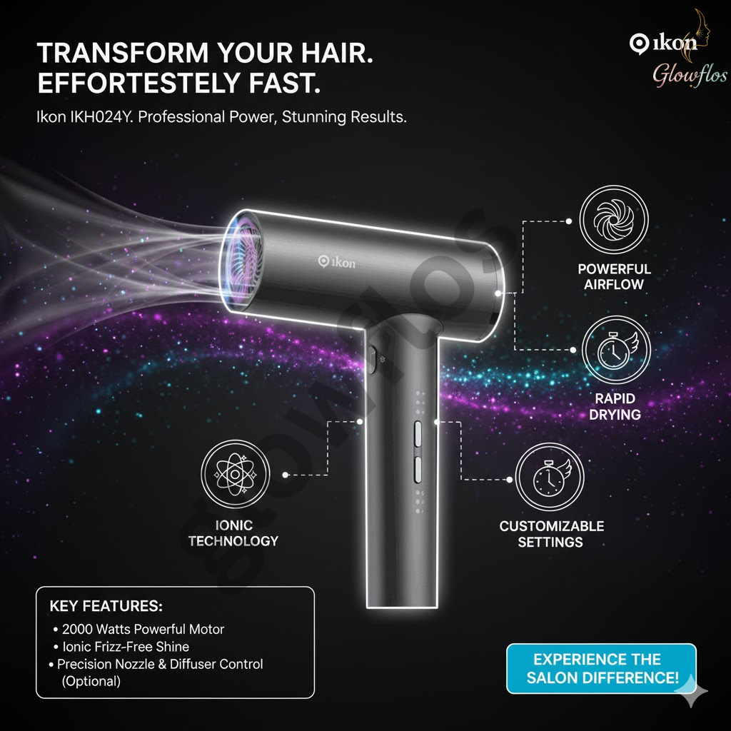 “Ikon IK-H024Y 2000W professional hair dryer with powerful airflow, heat settings, and sleek design for fast drying.”