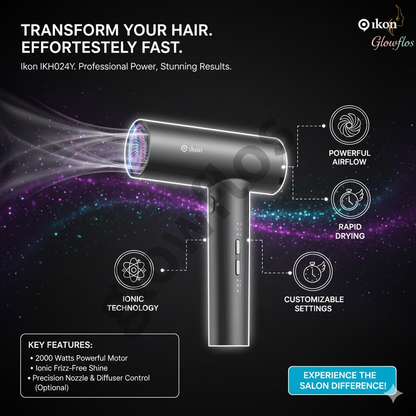 “Ikon IK-H024Y 2000W professional hair dryer with powerful airflow, heat settings, and sleek design for fast drying.”