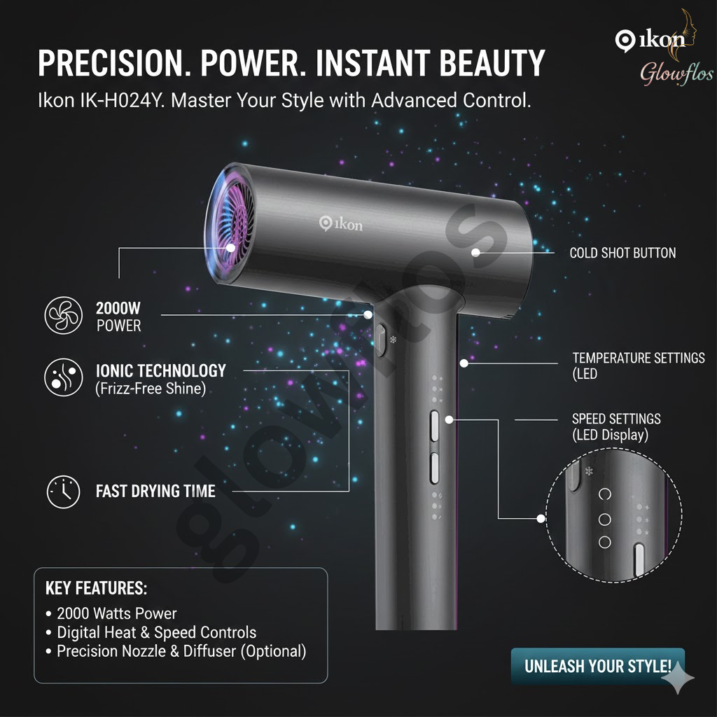 “Ikon IK-H024Y 2000W professional hair dryer with powerful airflow, heat settings, and sleek design for fast drying.”