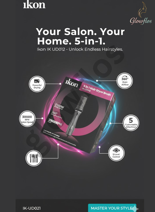 “Ikon 5 in 1 Hair Dryer Brush IK-UD012 – multifunction hot air brush for drying, straightening, curling, and volumizing hair.”
