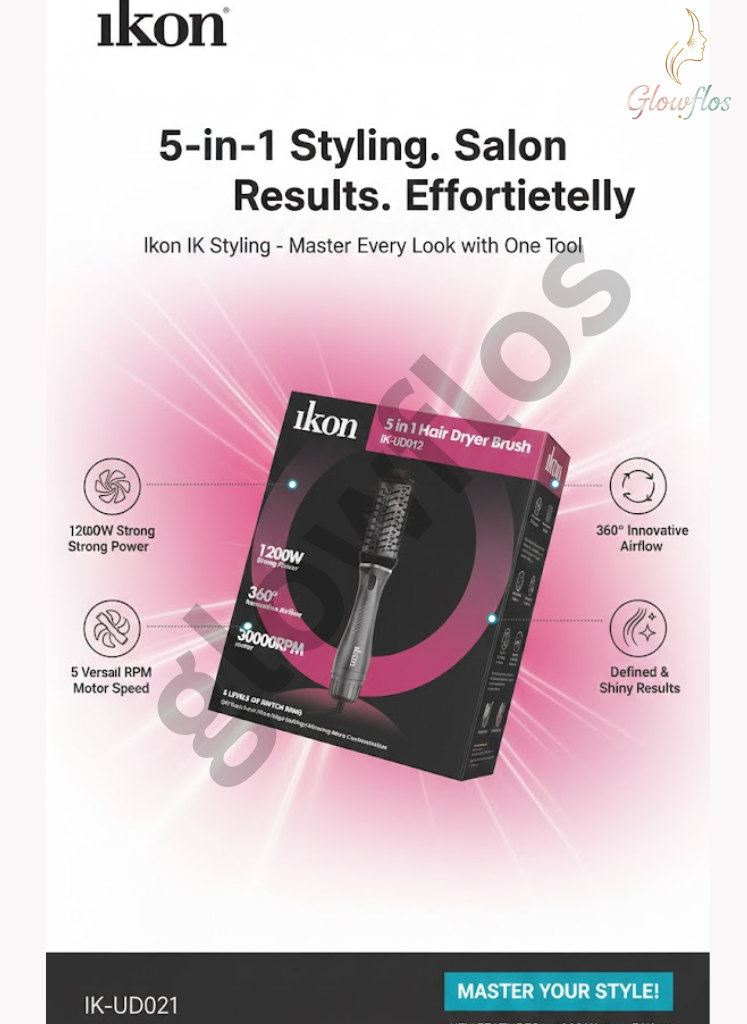 “Ikon 5 in 1 Hair Dryer Brush IK-UD012 – multifunction hot air brush for drying, straightening, curling, and volumizing hair.”