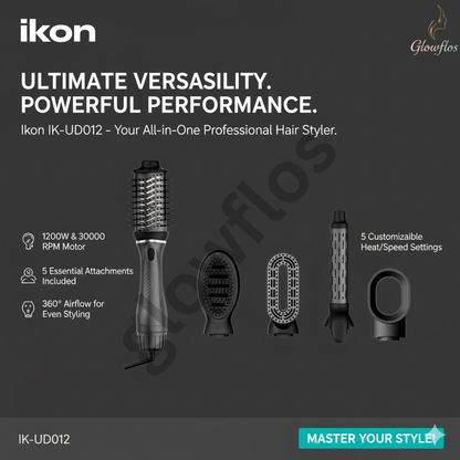 “Ikon 5 in 1 Hair Dryer Brush IK-UD012 – multifunction hot air brush for drying, straightening, curling, and volumizing hair.”