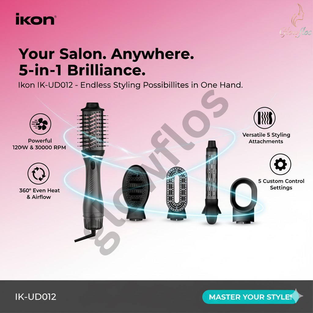 “Ikon 5 in 1 Hair Dryer Brush IK-UD012 – multifunction hot air brush for drying, straightening, curling, and volumizing hair.”