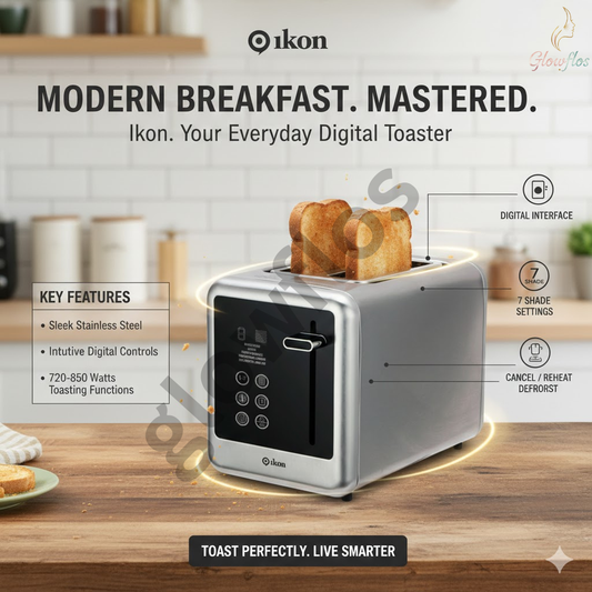 “Ikon Digital Bread Toaster IK-DB1710 – 2-slice electric toaster with browning control and quick heating.”