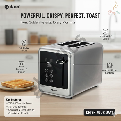 “Ikon Digital Bread Toaster IK-DB1710 – 2-slice electric toaster with browning control and quick heating.”