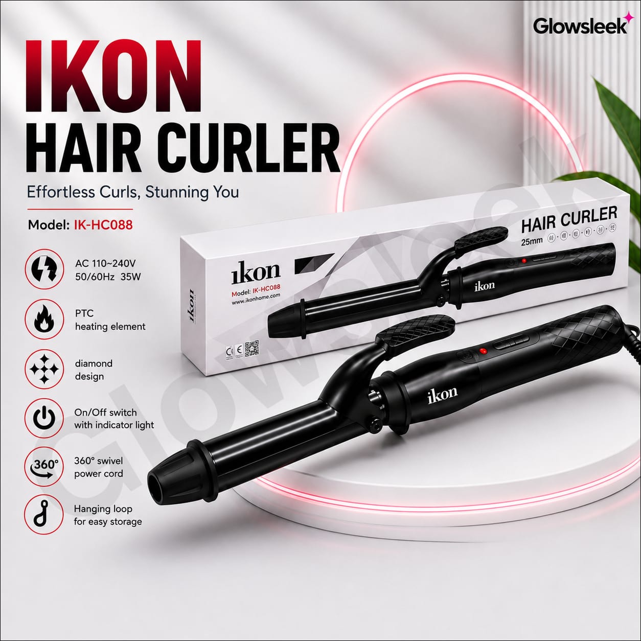 Authentic IKON Professional Hair Curler Model IK-HC088 Curling Iron Wand with Adjustable Temperature Control and Ceramic Barrel for Frizz Free Long Lasting Bouncy Curls