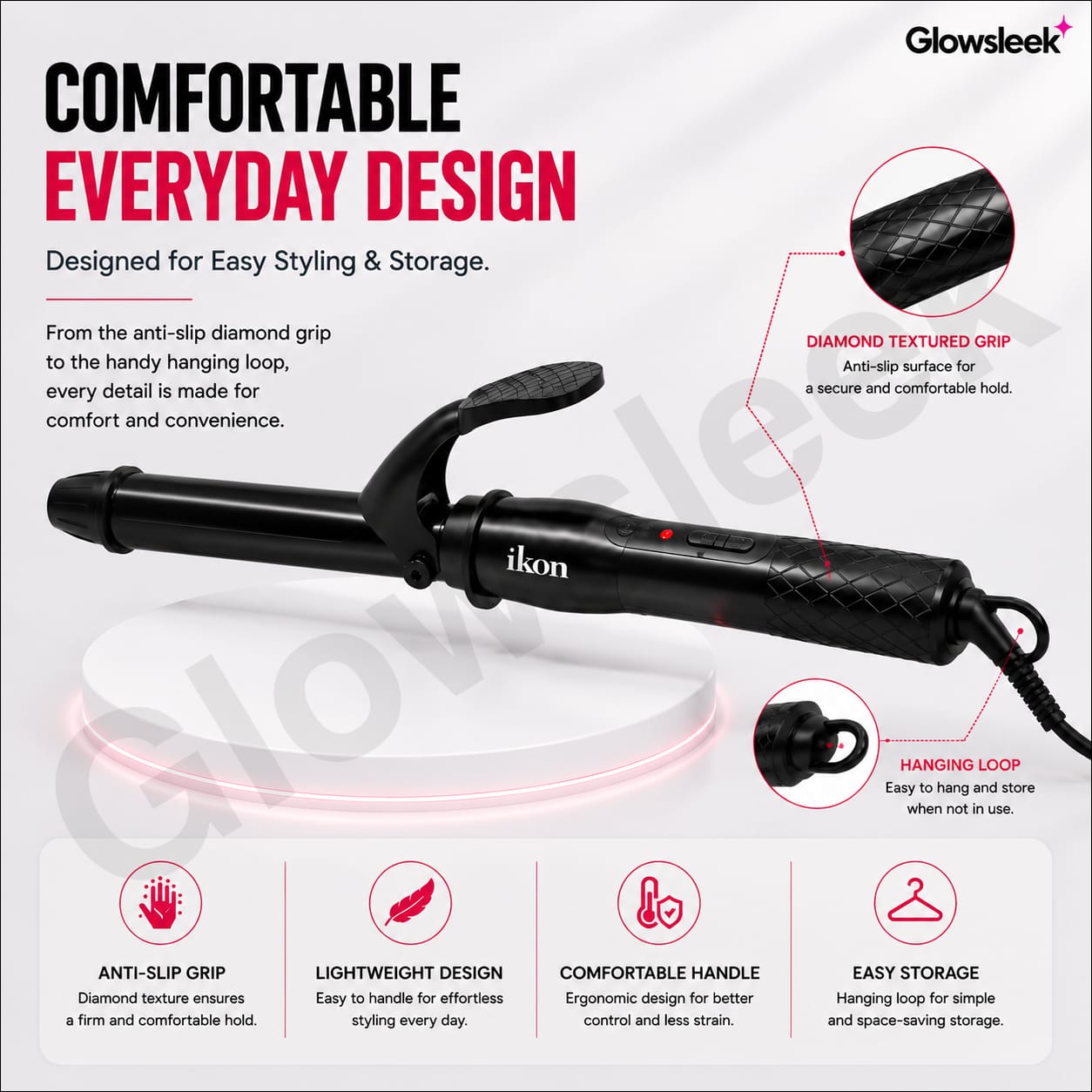 Authentic IKON Professional Hair Curler Model IK-HC088 Curling Iron Wand with Adjustable Temperature Control and Ceramic Barrel for Frizz Free Long Lasting Bouncy Curls