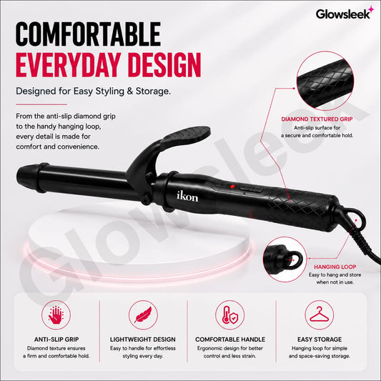 Authentic IKON Professional Hair Curler Model IK-HC088 Curling Iron Wand with Adjustable Temperature Control and Ceramic Barrel for Frizz Free Long Lasting Bouncy Curls