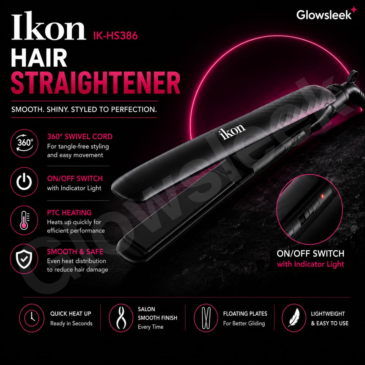 Authentic IKON Professional Hair Straightener Model IK-HS386 Flat Iron with Adjustable Temperature Control and Ceramic Plates for Frizz Free Salon Smooth Hair