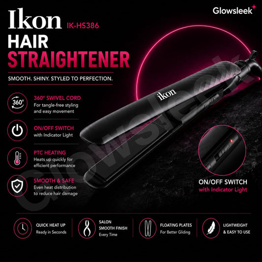 Authentic IKON Professional Hair Straightener Model IK-HS386 Flat Iron with Adjustable Temperature Control and Ceramic Plates for Frizz Free Salon Smooth Hair