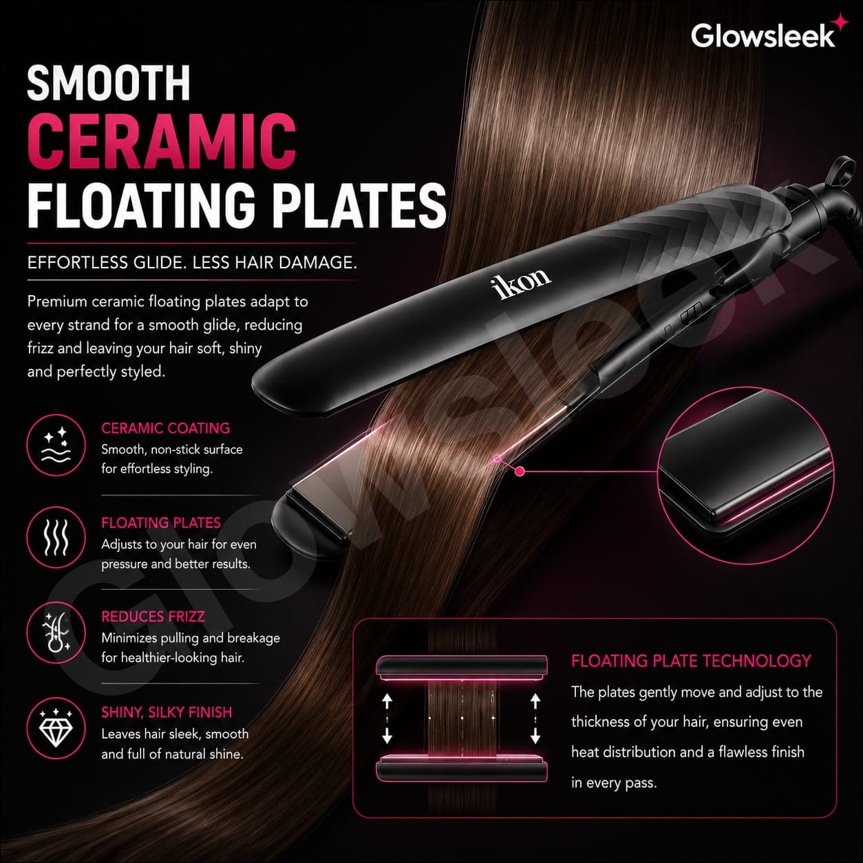 Authentic IKON Professional Hair Straightener Model IK-HS386 Flat Iron with Adjustable Temperature Control and Ceramic Plates for Frizz Free Salon Smooth Hair