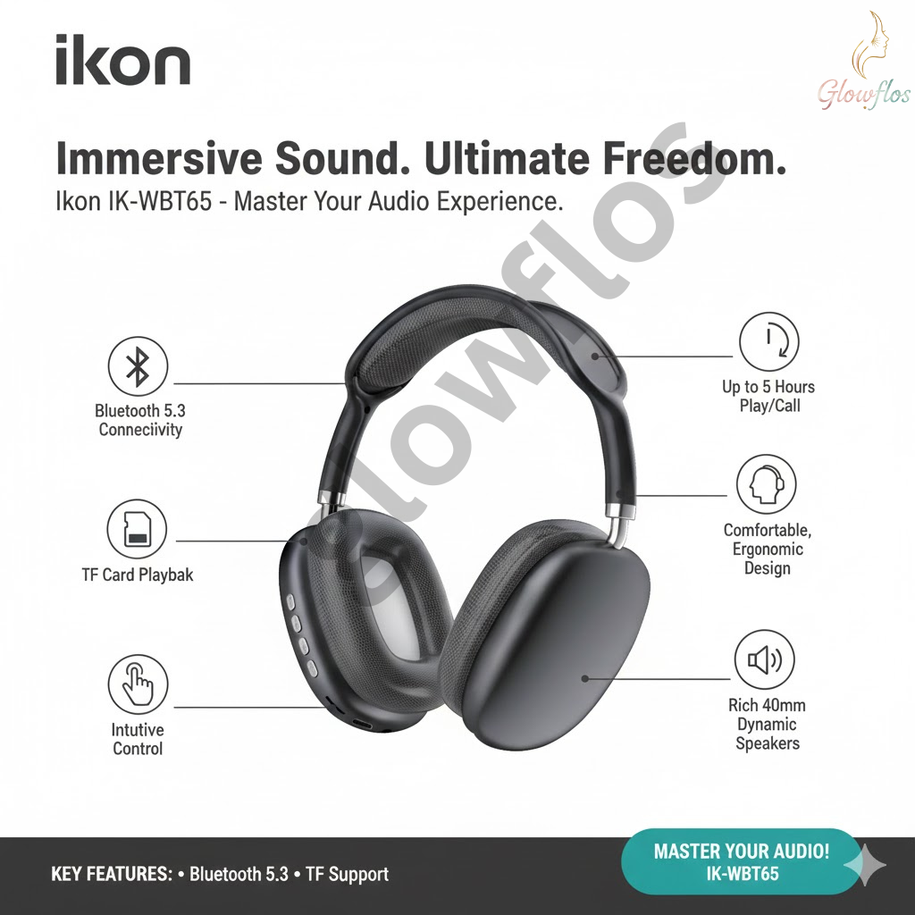 “Ikon Bluetooth Headphone IK-WBT65 Black – wireless over-ear headphones with deep bass and noise isolation.”