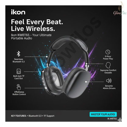 “Ikon Bluetooth Headphone IK-WBT65 Black – wireless over-ear headphones with deep bass and noise isolation.”