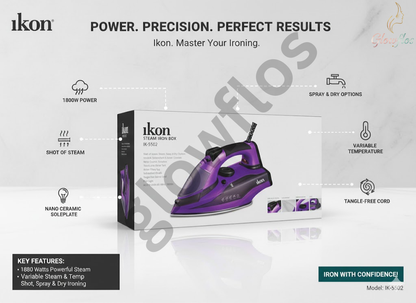 "Ikon Steam Iron IK-5502 1800W with non-stick soleplate, steam burst, and fast heat-up feature"