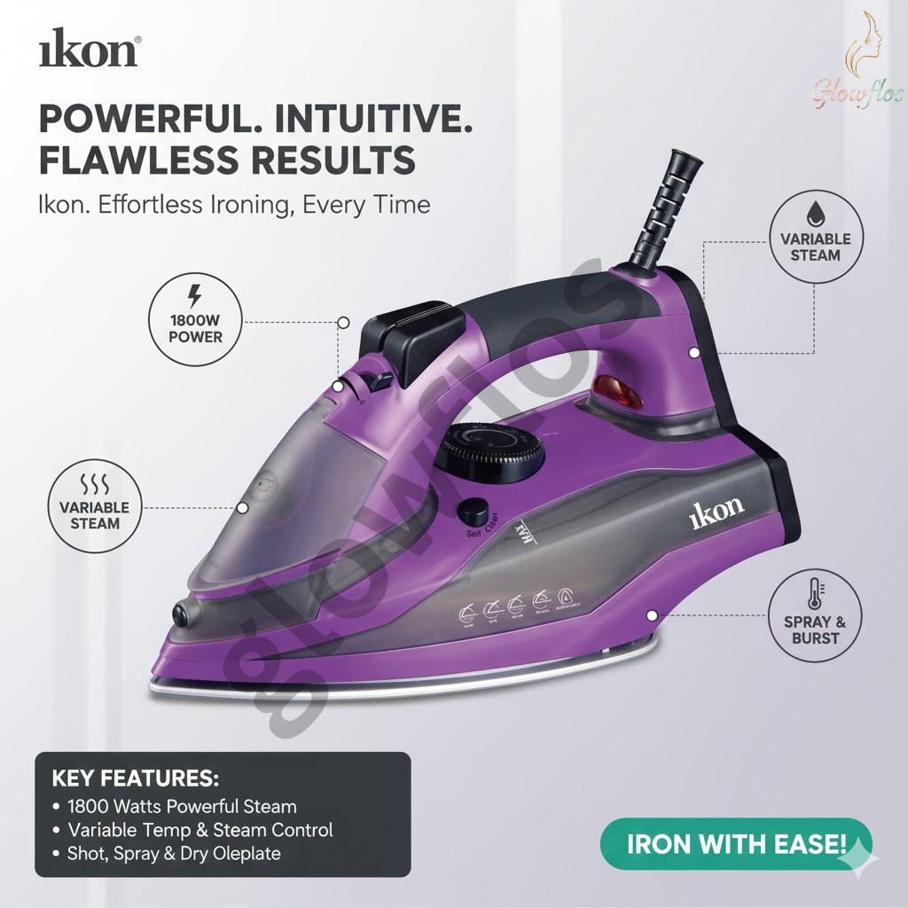 "Ikon Steam Iron IK-5502 1800W with non-stick soleplate, steam burst, and fast heat-up feature"