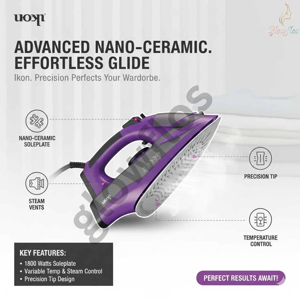 "Ikon Steam Iron IK-5502 1800W with non-stick soleplate, steam burst, and fast heat-up feature"