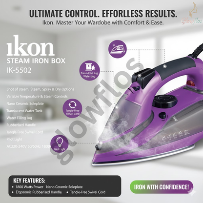 "Ikon Steam Iron IK-5502 1800W with non-stick soleplate, steam burst, and fast heat-up feature"