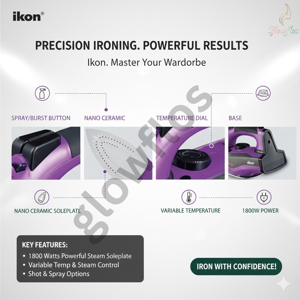 "Ikon Steam Iron IK-5502 1800W with non-stick soleplate, steam burst, and fast heat-up feature"
