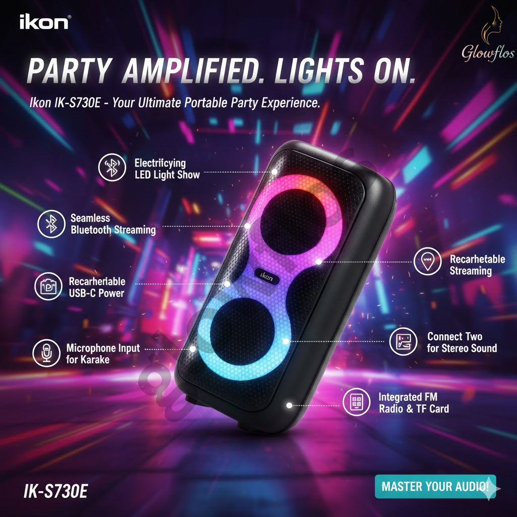 "Ikon Bluetooth Speaker IK-S730E portable wireless speaker with powerful bass and LED design"