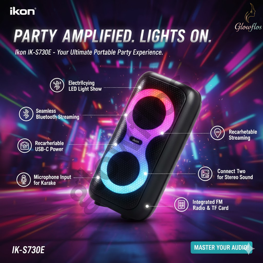"Ikon Bluetooth Speaker IK-S730E portable wireless speaker with powerful bass and LED design"