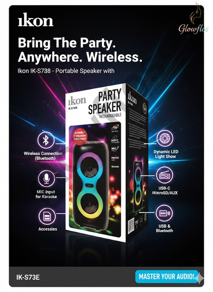 "Ikon Bluetooth Speaker IK-S730E portable wireless speaker with powerful bass and LED design"