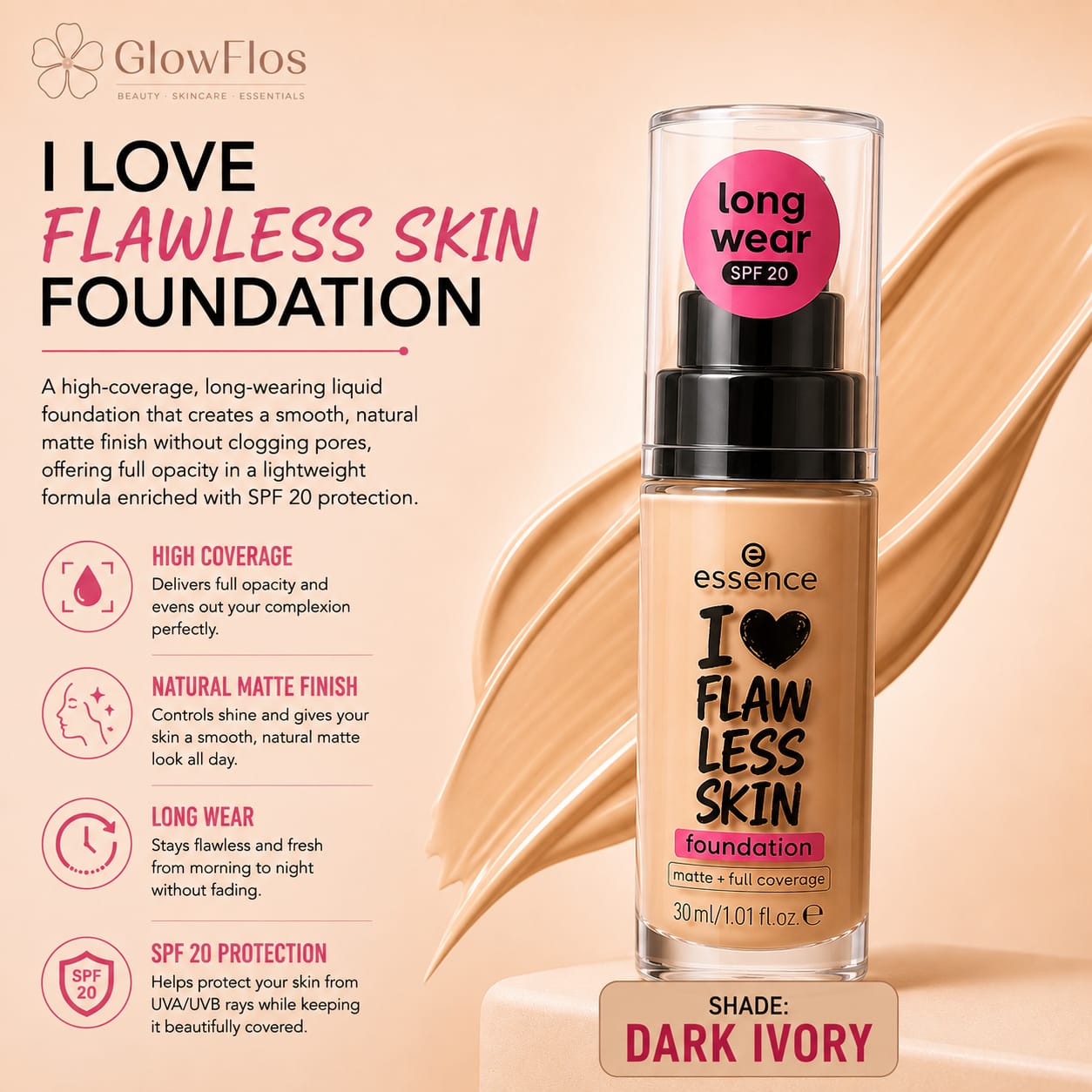 Essence I Love Flawless Skin Foundation pump bottle in a neutral shade with long wear SPF 20 label.