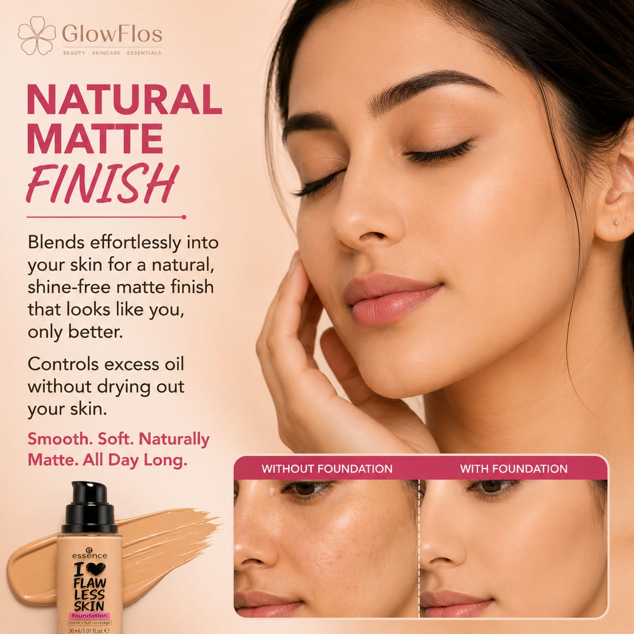 Essence I Love Flawless Skin Foundation pump bottle in a neutral shade with long wear SPF 20 label.