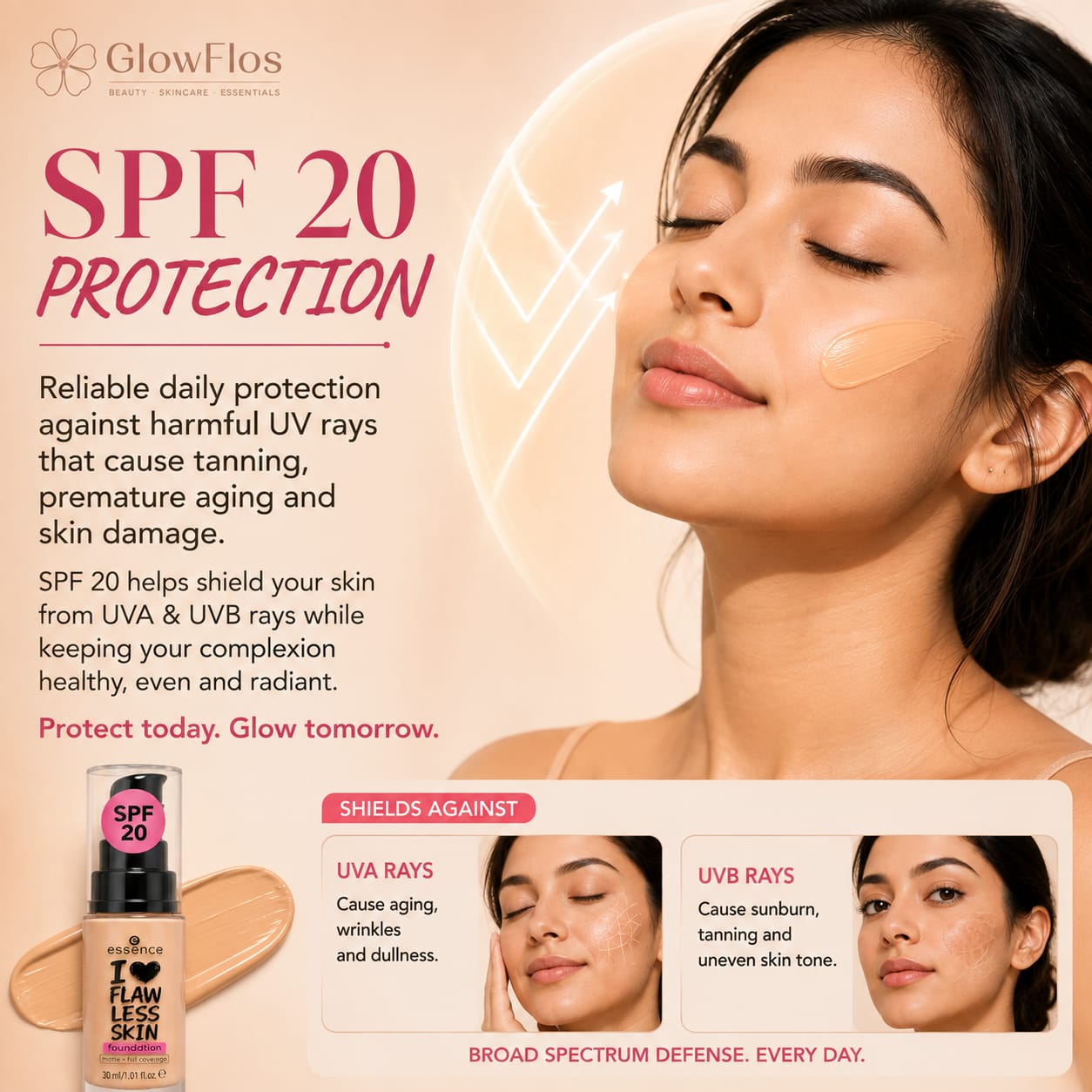 Essence I Love Flawless Skin Foundation pump bottle in a neutral shade with long wear SPF 20 label.