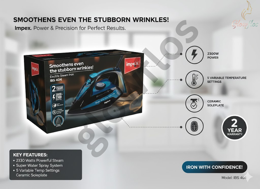 “Impex Electric Steam Iron IBS 404 2300W Black Blue – powerful steam iron with non-stick soleplate.”