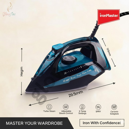 “Impex Electric Steam Iron IBS 404 2300W Black Blue – powerful steam iron with non-stick soleplate.”