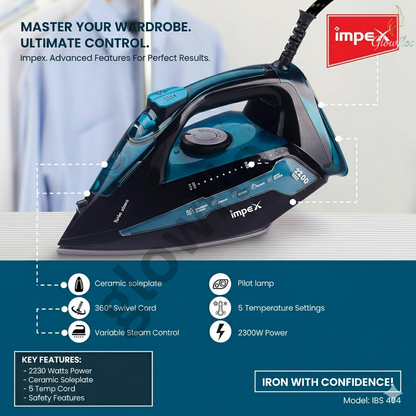 “Impex Electric Steam Iron IBS 404 2300W Black Blue – powerful steam iron with non-stick soleplate.”