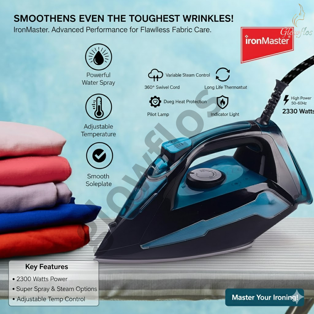 “Impex Electric Steam Iron IBS 404 2300W Black Blue – powerful steam iron with non-stick soleplate.”