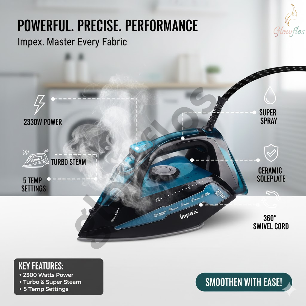 “Impex Electric Steam Iron IBS 404 2300W Black Blue – powerful steam iron with non-stick soleplate.”