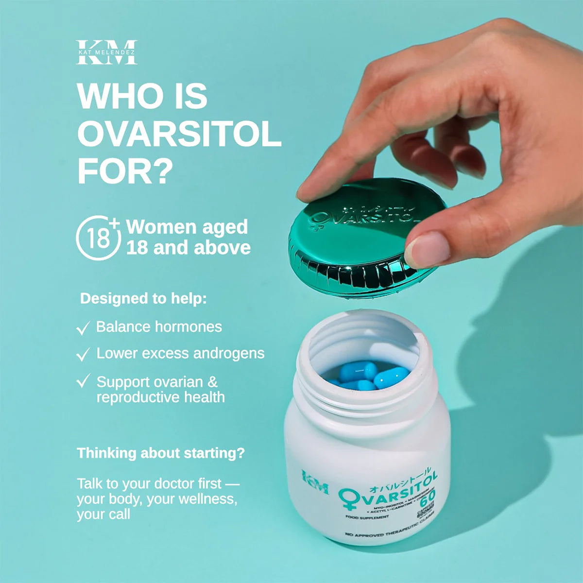 Infographic displaying the benefits of Ovarsitol capsules including cycle regularity and metabolism support