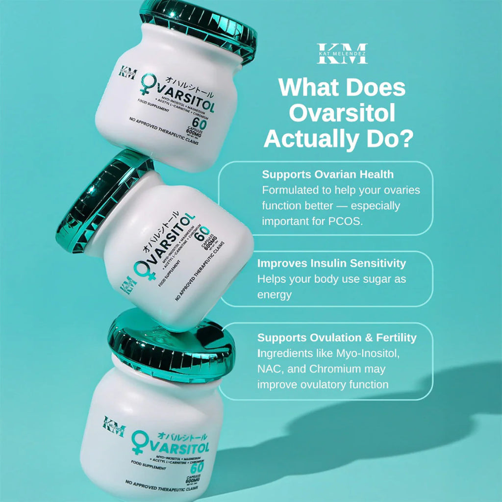 Infographic displaying the benefits of Ovarsitol capsules including cycle regularity and metabolism support