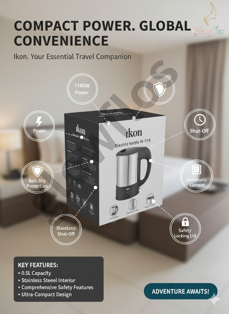 "Ikon Travel Kettle IK-11A 0.5L compact electric kettle for travel and quick boiling"