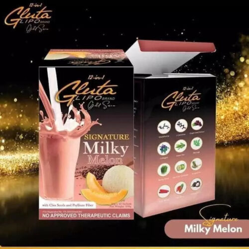 “Gluta Lipo Milky Melon flavored drink mix in creamy melon flavor packaging.”