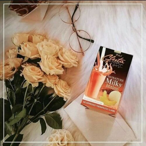 “Gluta Lipo Milky Melon flavored drink mix in creamy melon flavor packaging.”